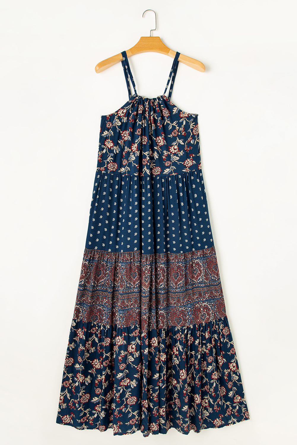 Blue Boho Floral Splicing Sleeveless Maxi Dress