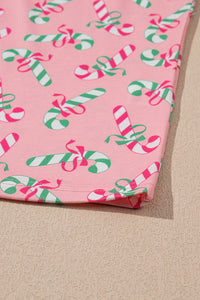 Pink Christmas Candy Cane Print Pocketed Knotted Pajama Set