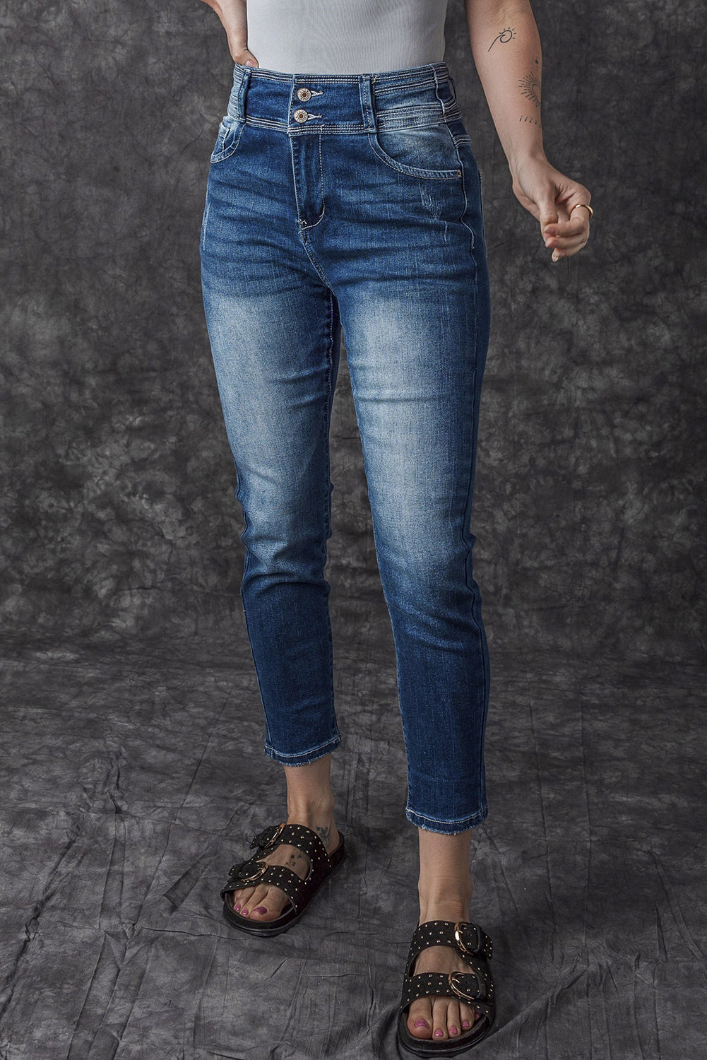 Blue Vintage Washed Two-button High Waist Skinny Jeans