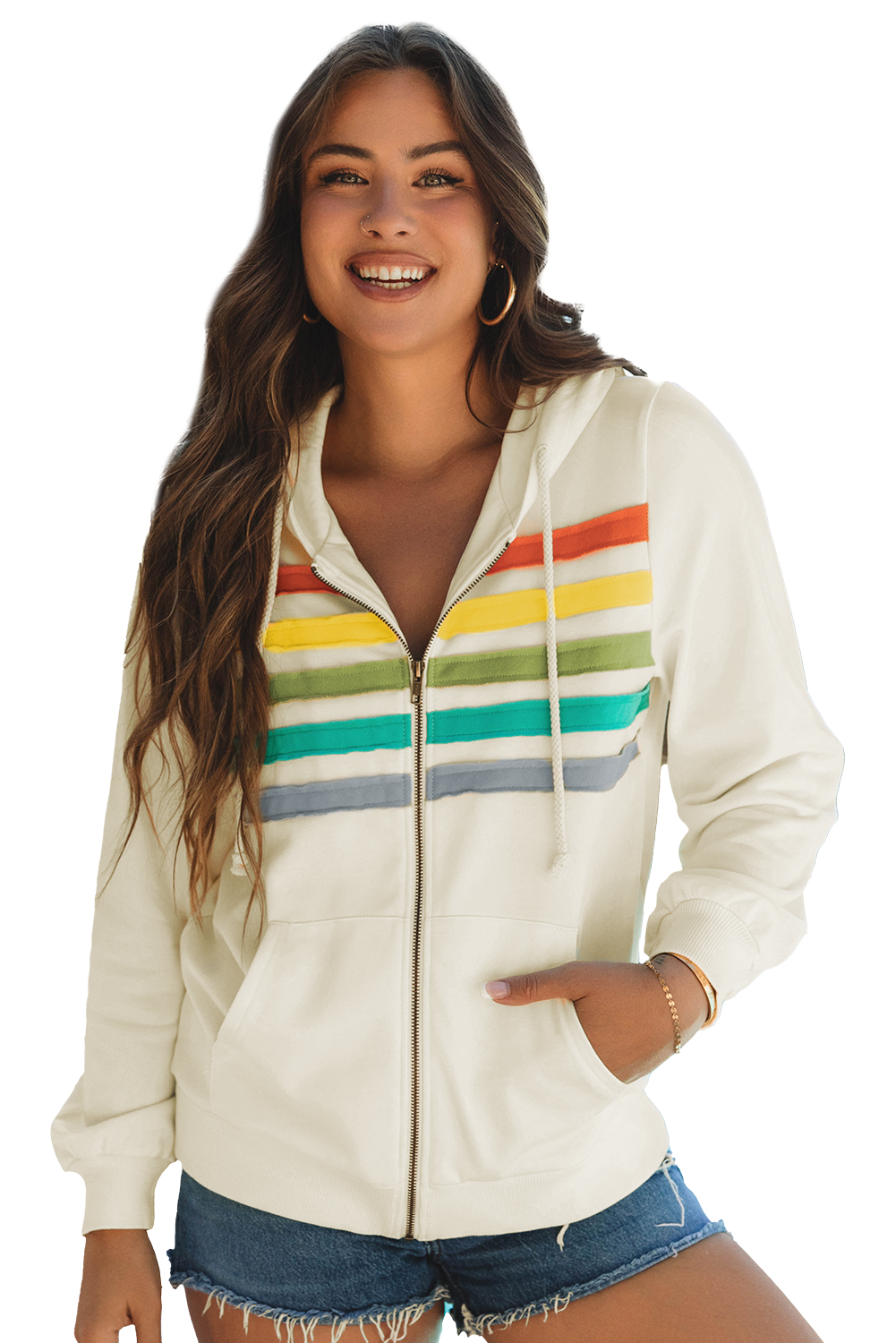 Apricot Colorblock Striped Patchwork Side Pockets Zipper Hoodie