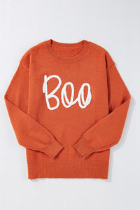 Orange Boo Knitted Pattern Ribbed Edge Drop Shoulder Sweater