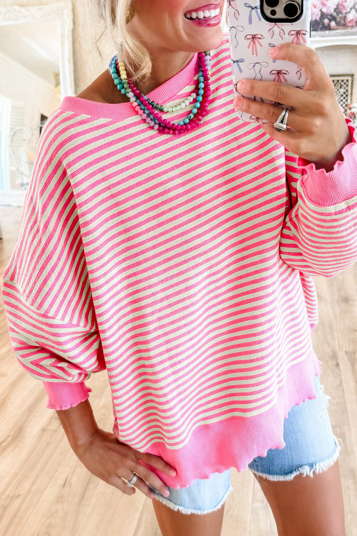 Pink Stripe Drop Shoulder Long Sleeve Top