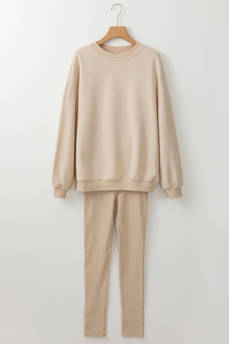 Beige Solid Sweatshirt and Leggings Two Piece Set