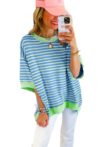 Sky Blue Stripe Contrast Drop Sleeve Loose Top