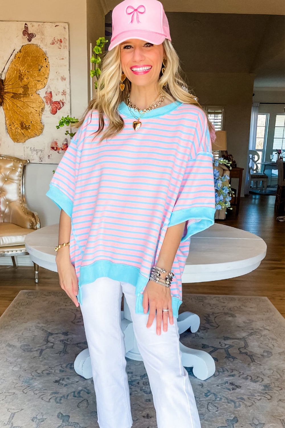 Sky Blue Stripe Contrast Drop Sleeve Loose Top