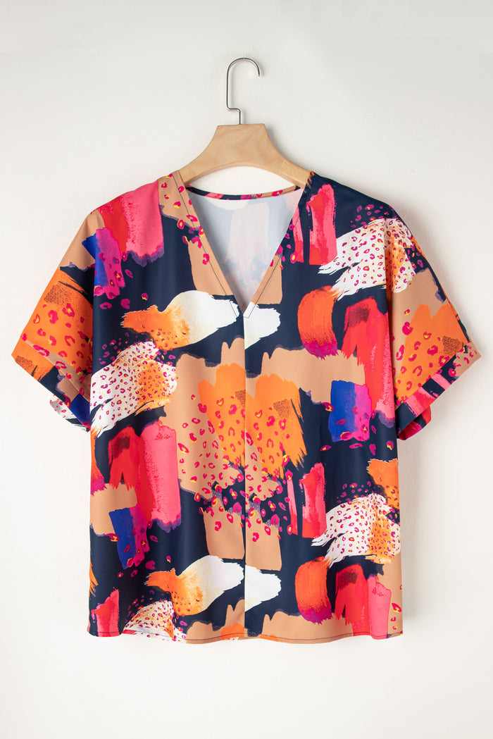 Multicolour Abstract Print V Neck Short Sleeve Plus Size Blouse