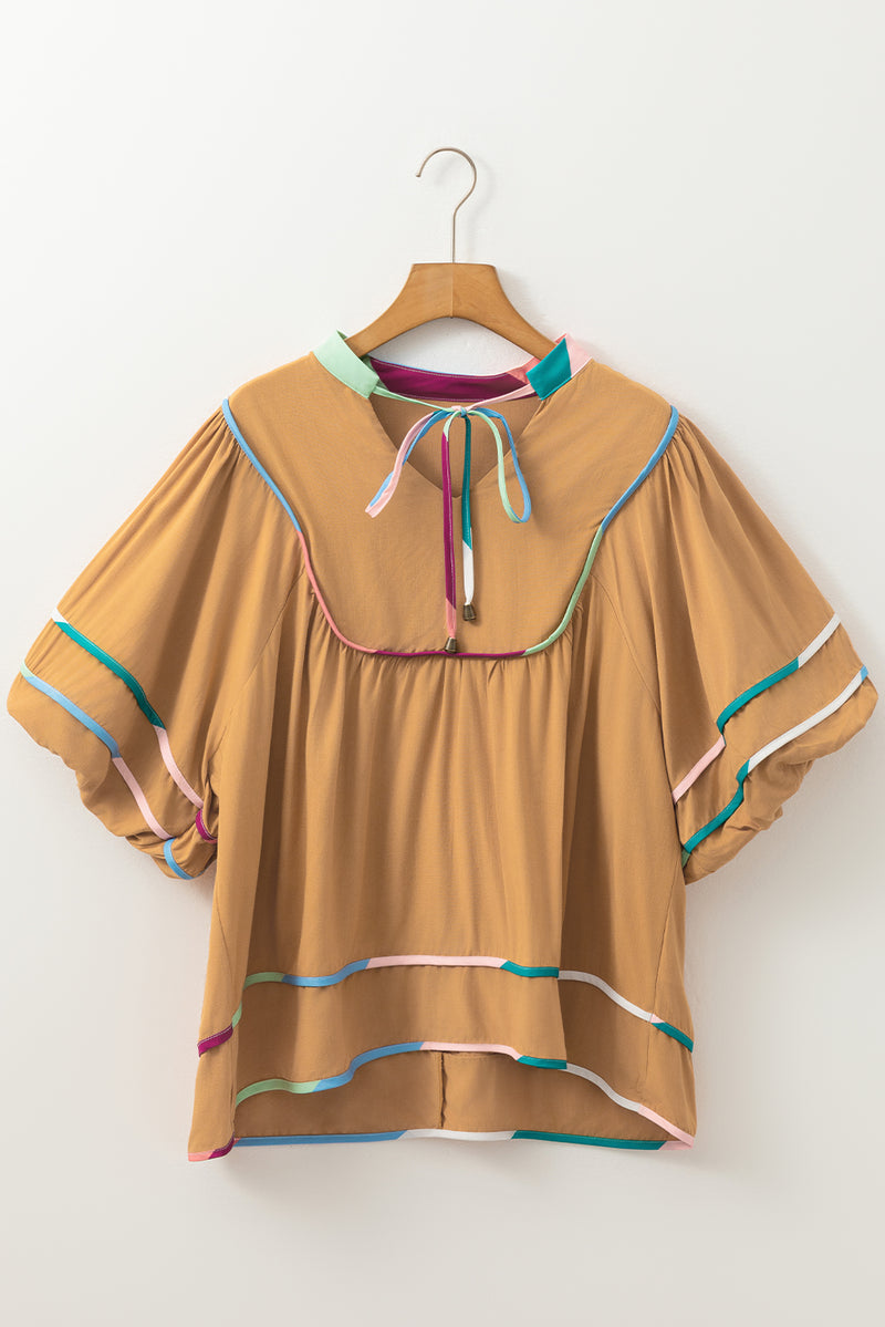 Thai Curry Colorful Trim Wide Short Sleeve V Neck Blouse