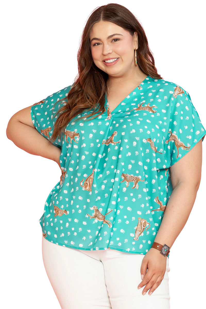 Green Cheetah Print V Neck Short Sleeve Plus Top