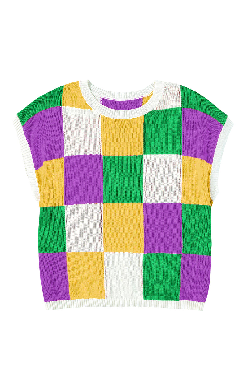 Grapefruit Orange Checkered Color Block Cap Sleeve Knitted Top
