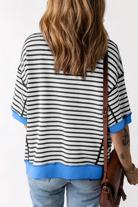 Sky Blue Stripe Contrast Drop Sleeve Loose Top