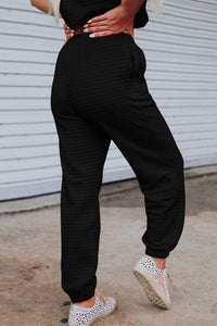 Black Lattice Textured Cropped Tee and Jogger Pants Set