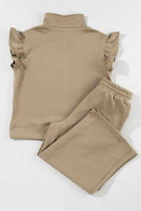 Pale Khaki Textured Flutter Sleeve Top Wide Leg Pants Set