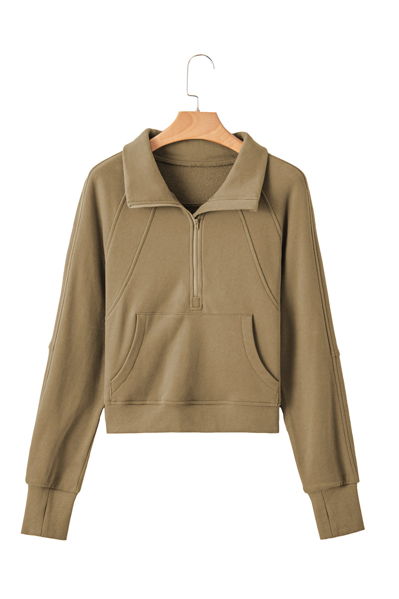 Brown Zip Up Stand Collar Thumbhole Sleeve Sweatshirt