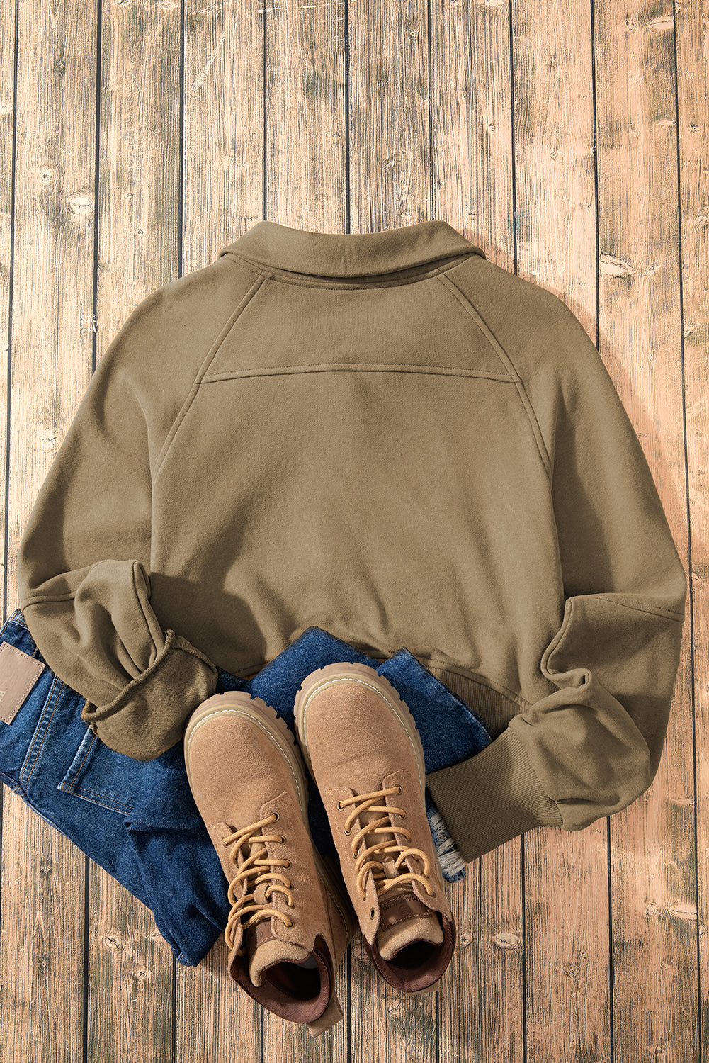 Brown Zip Up Stand Collar Thumbhole Sleeve Sweatshirt