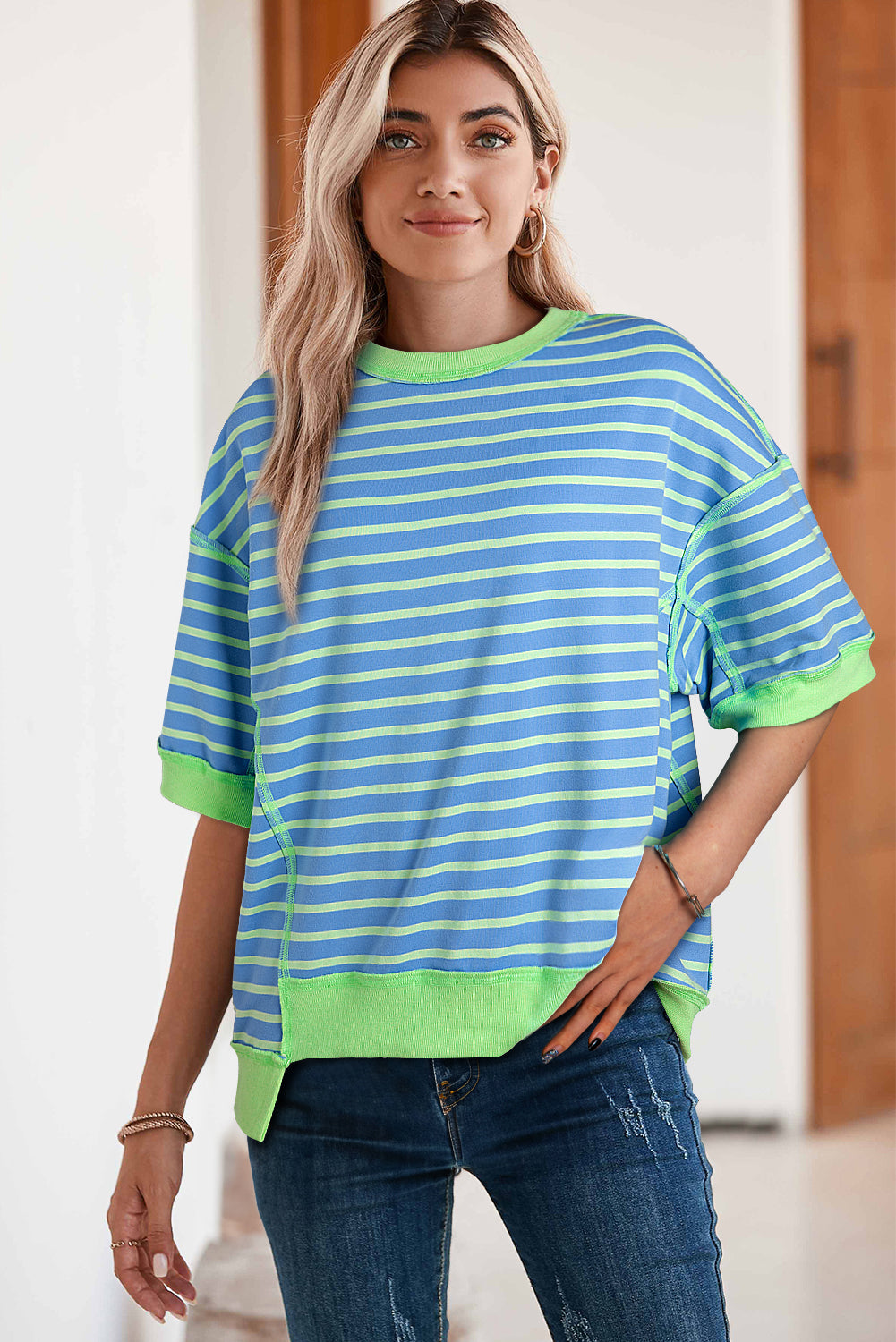 Sky Blue Stripe Contrast Drop Sleeve Loose Top