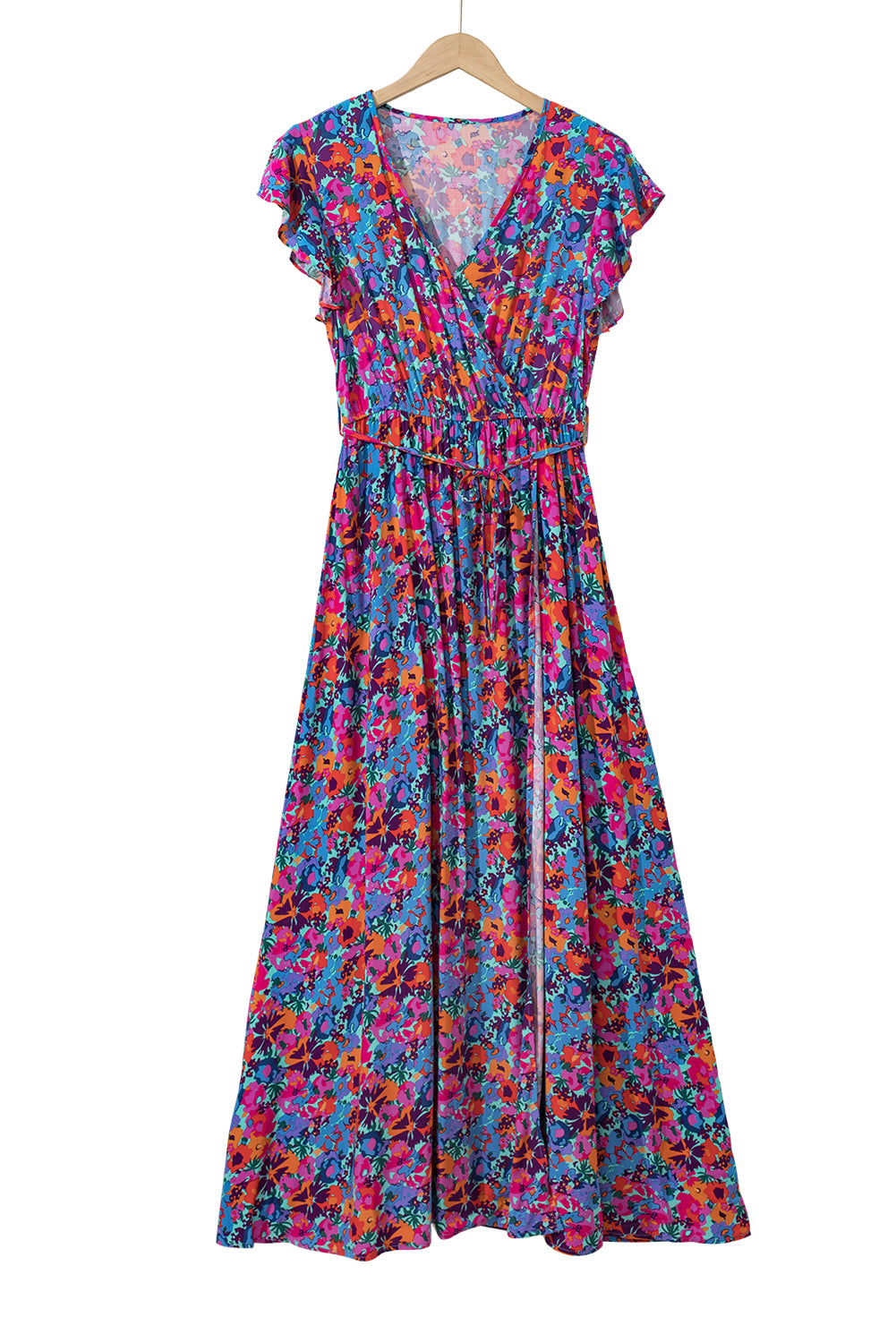 Blue Floral Print V Neck Wrap Split Maxi Dress