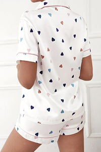 White Heart Print Pocket Shirt & Elastic Shorts Lounge Set