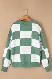 Khaki Plaid Bishop Sleeve Pullover Sweater