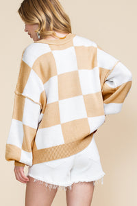 Khaki Plaid Bishop Sleeve Pullover Sweater