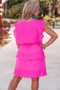 Bright Pink Pleated Layered Ruffle Sleeveless Mini Dress