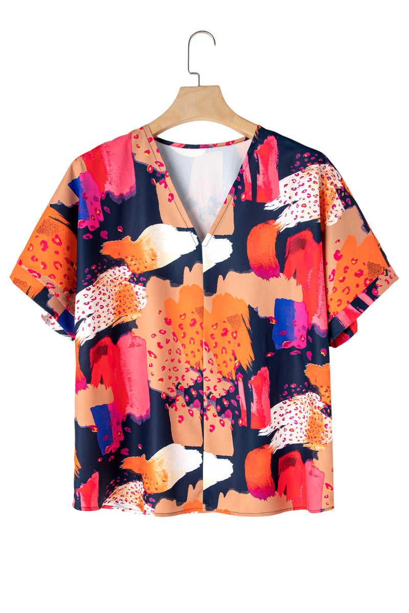 Multicolour Abstract Print V Neck Short Sleeve Plus Size Blouse