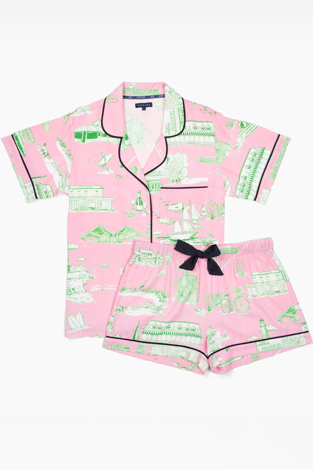 Pink Piping Detail Drawstring Shorts Pajama Set