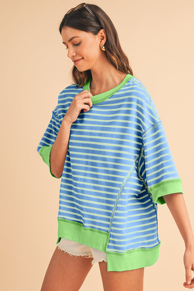 Sky Blue Stripe Contrast Drop Sleeve Loose Top