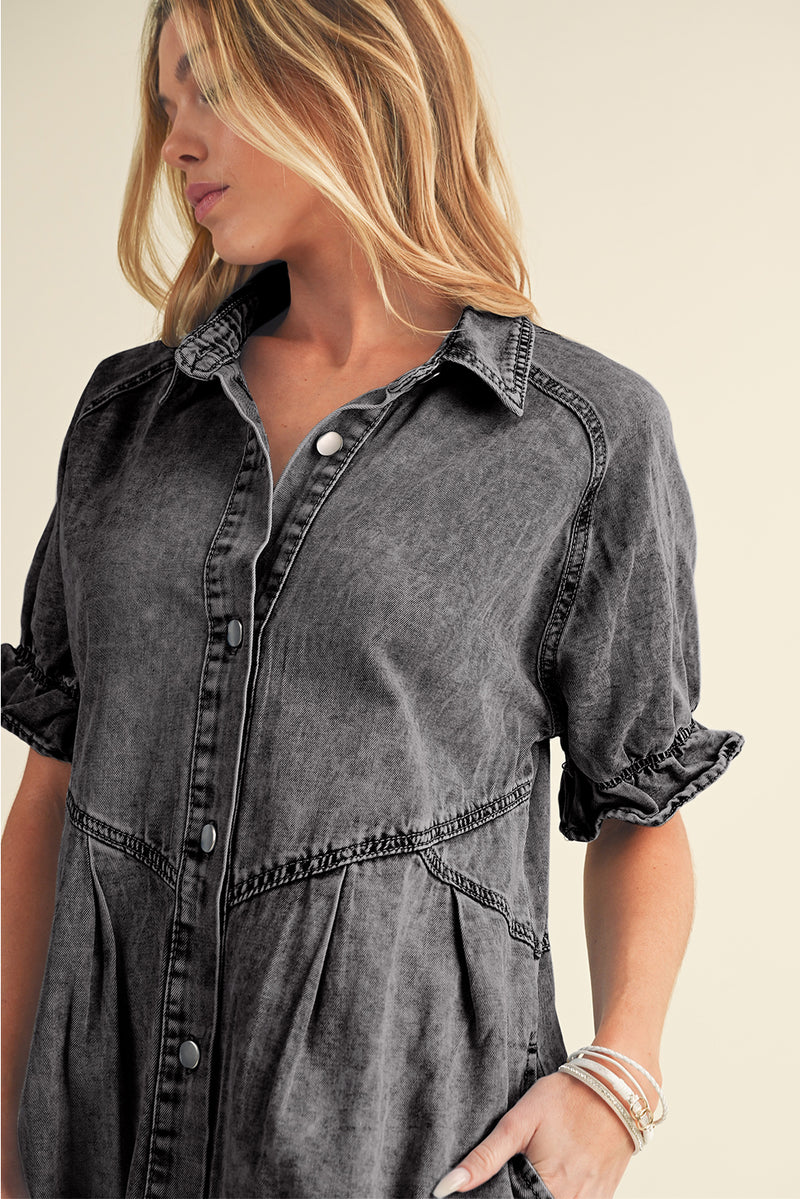 Blue Mineral Washed Ruffled Short Sleeve Pocketed Denim Dress