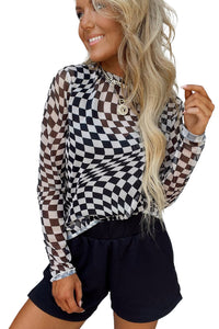 Black Checkered Pattern Mesh Long Sleeve Top