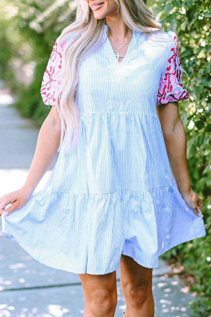 Sky Blue Stripe Contrast Floral Puff Sleeve Tiered Ruffle Dress