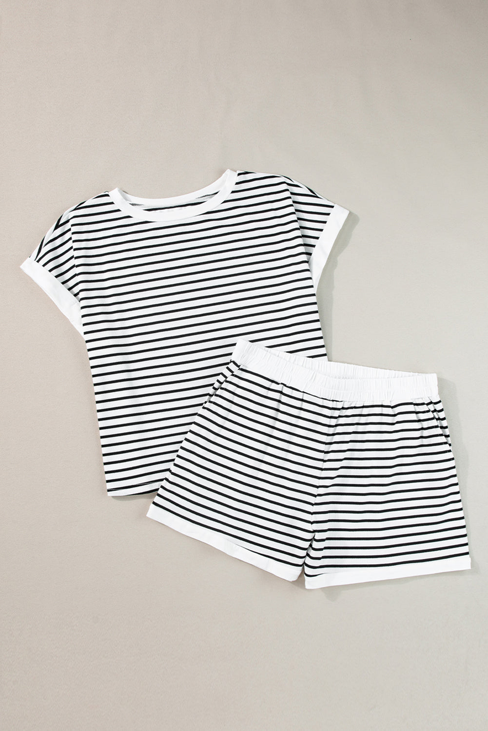 White Stripe Contrast Trim Rib Tee and Pocketed Shorts Set