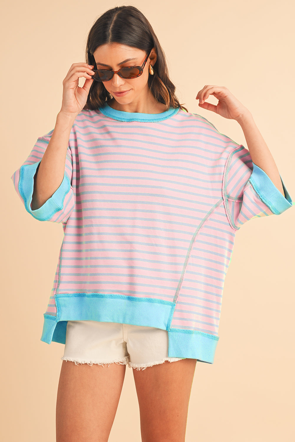 Sky Blue Stripe Contrast Drop Sleeve Loose Top