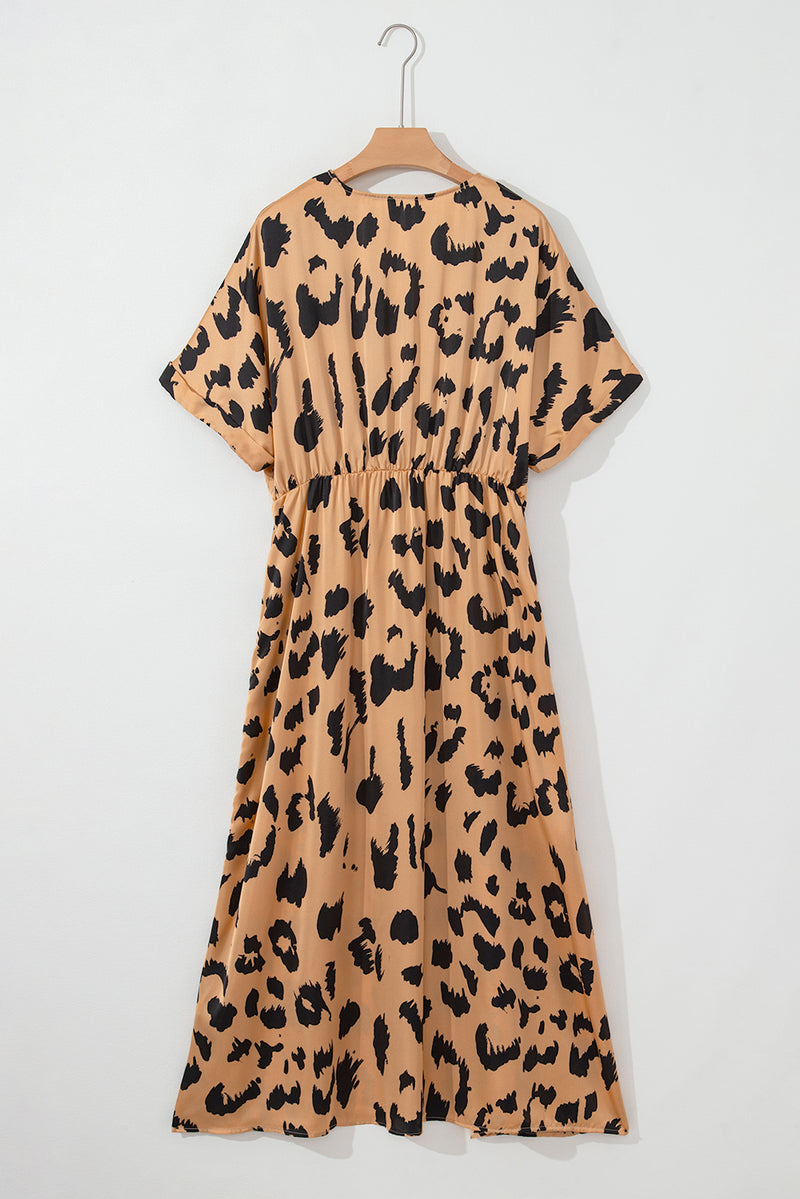 Khaki Leopard V Neck High Waist Buttoned Plus Maxi Dress