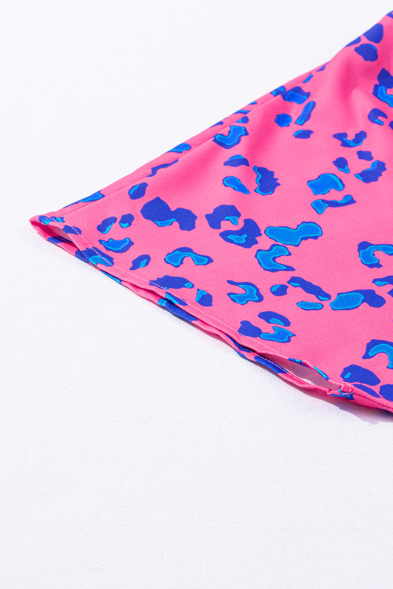 Rose Contrast Leopard Print Plus Size V Neck Blouse
