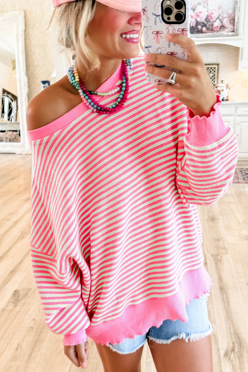 Pink Stripe Drop Shoulder Long Sleeve Top