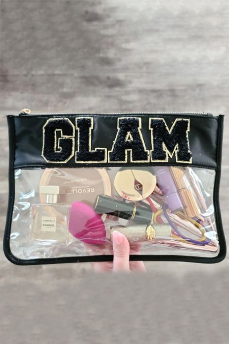 Black GLAM Chenille Embroidered Clear Zipper Makeup Bag