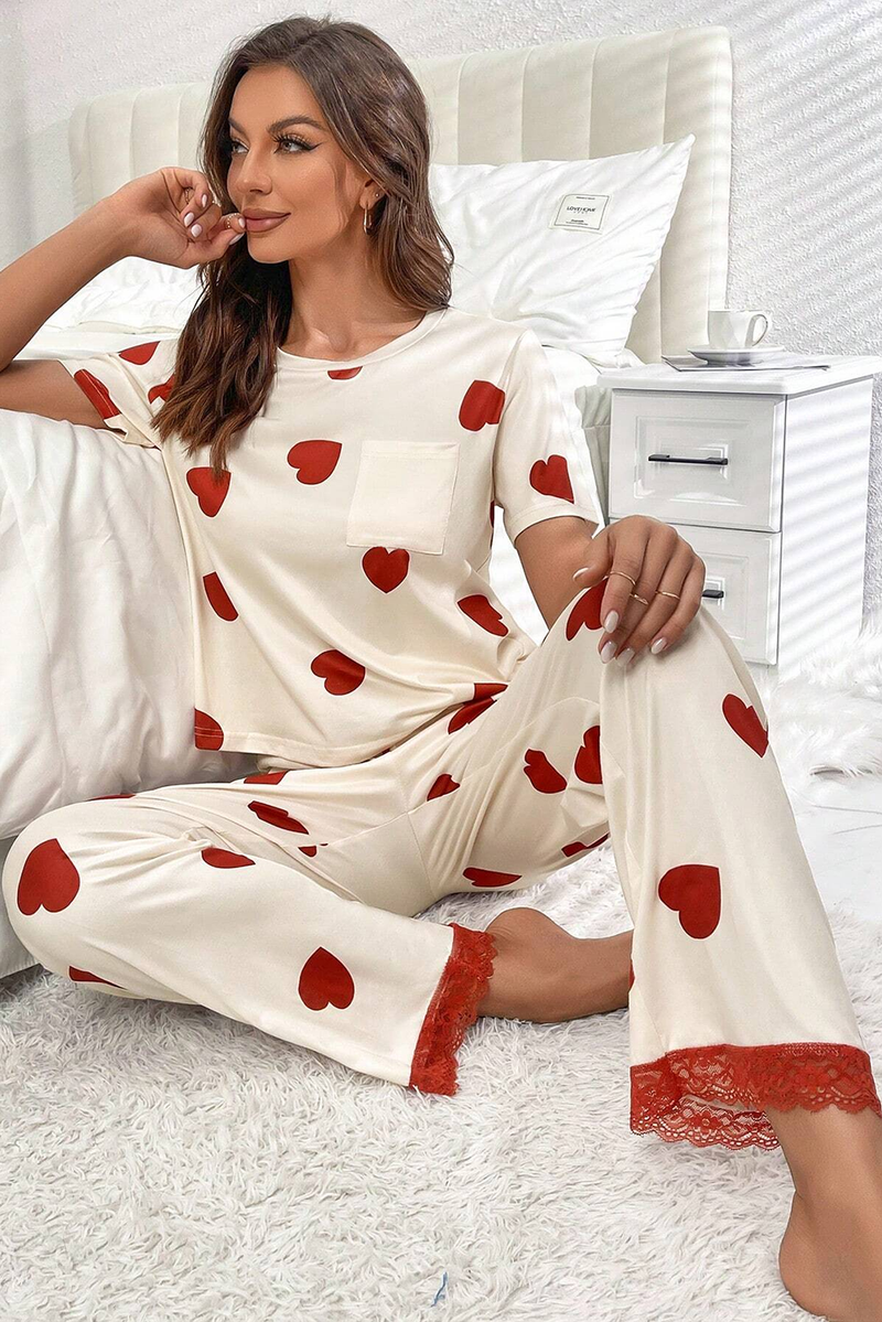 White Valentines Heart Print Lace Hem Tee Pants Pajama Set