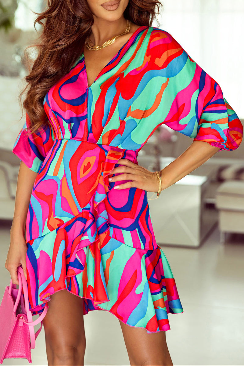 Multicolor Abstract Printed V Neck Dolman Sleeve Ruffle Wrap Dress