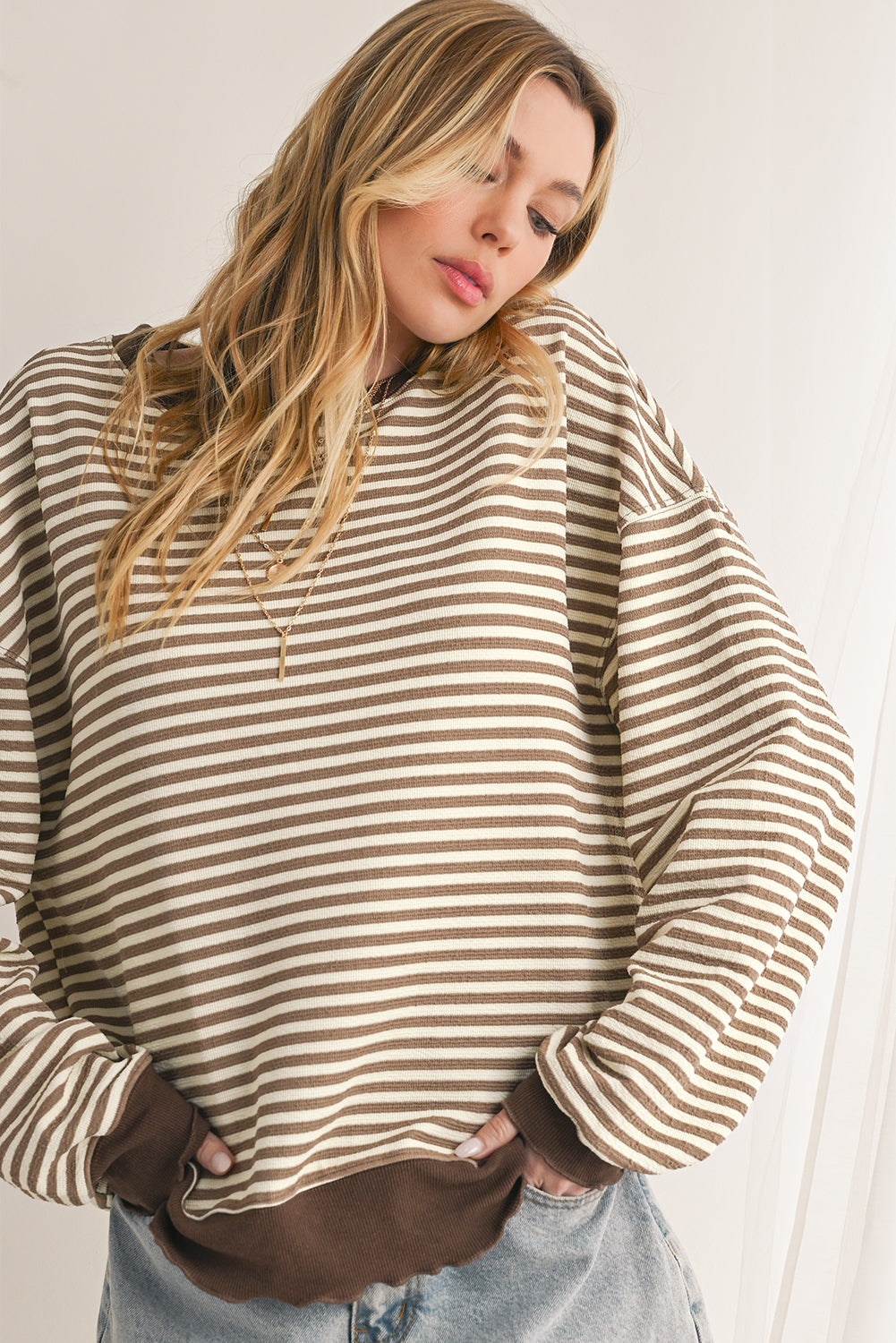 Pink Stripe Drop Shoulder Long Sleeve Top