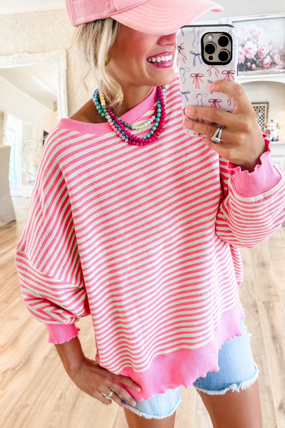 Pink Stripe Drop Shoulder Long Sleeve Top