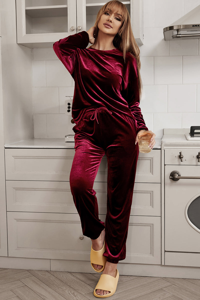 Fiery Red Solid Velvet Two Piece Lounge Set