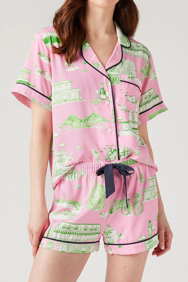 Pink Piping Detail Drawstring Shorts Pajama Set