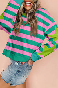 Pink Stripe Star Patchwork Round Neck Pullover Sweatshirt