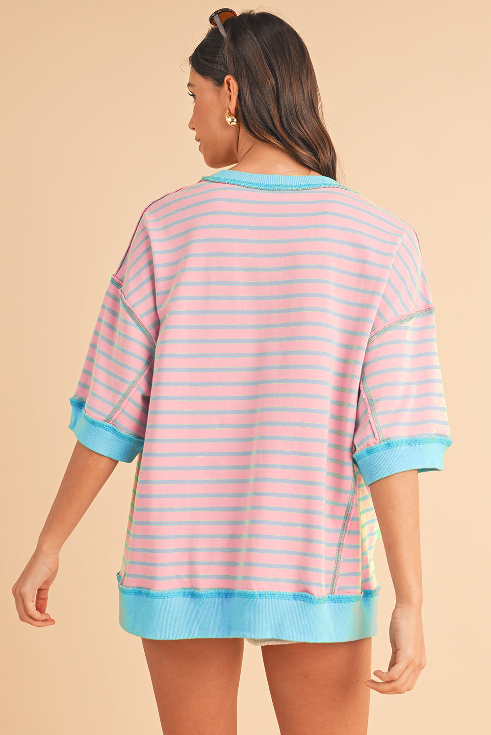 Sky Blue Stripe Contrast Drop Sleeve Loose Top