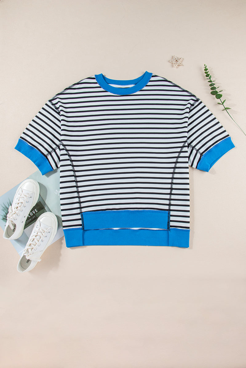 Sky Blue Stripe Contrast Drop Sleeve Loose Top