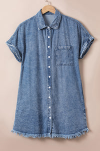 Blue Mineral Wash Cuffed Sleeve Frayed Hem Denim Dress