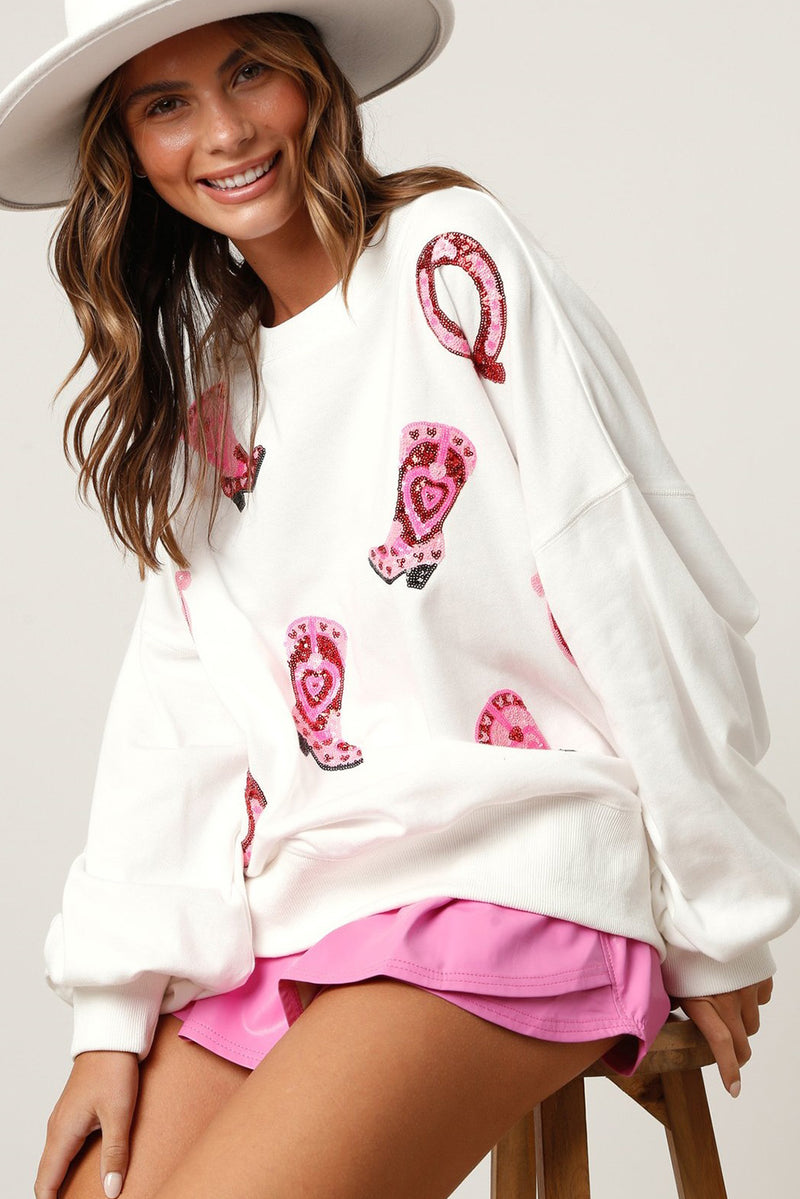 White Sequin Western Cowgirl Boots Graphic Sweatshirt