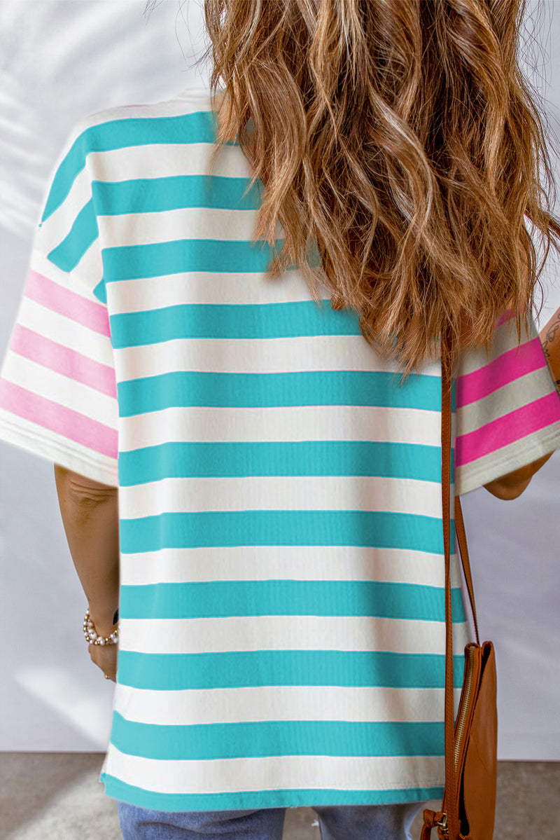 Pink Stripe Patch Pocket Drop Sleeve Slits T Shirt
