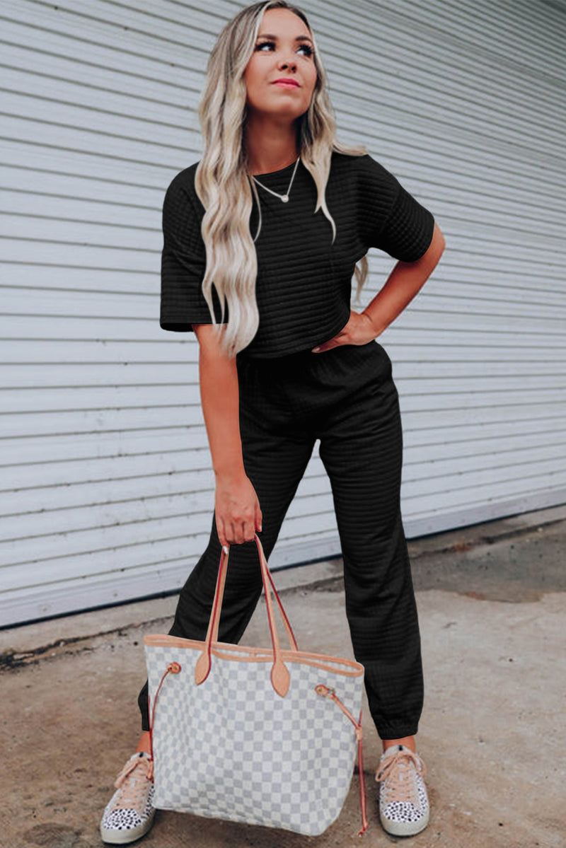 Black Lattice Textured Cropped Tee and Jogger Pants Set
