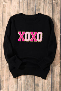 Black XOXO Glitter Print Round Neck Casual Sweater